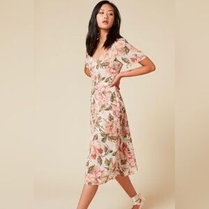 Reformation “Ophelia” Floral A-Line Shirt Sleeve Midi Dress in Pink and Green XS